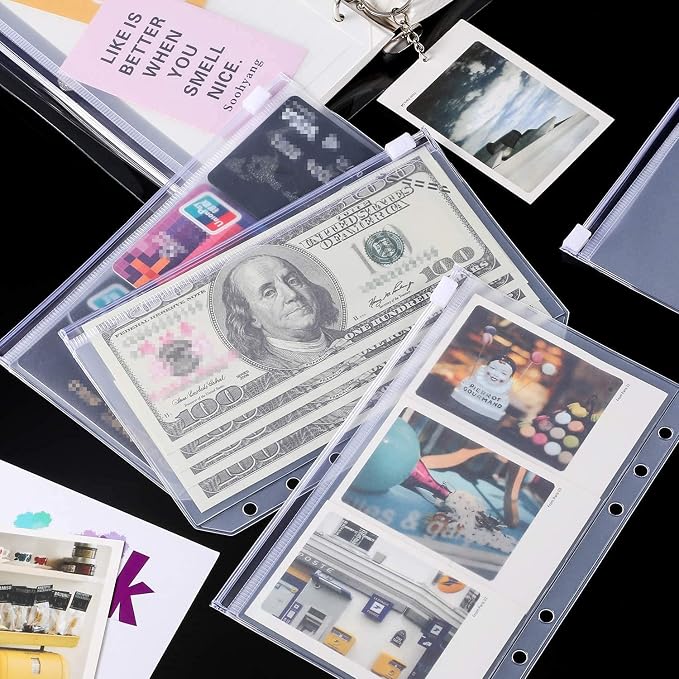 6 Pack A6 6 Holes Binder Zip Pockets Plastic Binder Zipper Folders Waterproof 6 Holes Zipper Loose Leaf Bags Zip Lock Envelope for Documents Notebooks Cards