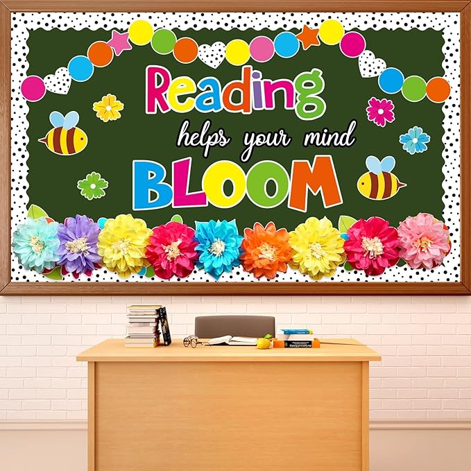 Reading Flower Bulletin Board Decorations with 3D Tissue Paper Flowers Back to School Spring Floral Reading Helps Your Mind Bloom Classroom Decor Bulletin Board Border Cutouts Set School Supplies
