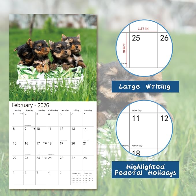 2026 Wall Calendar,Calendar 2026, July 2025 - December 2026, Wall Calendar Yorkshire Terrier Puppies, 12" x 24" Opened,Full Page Months Thick & Sturdy Paper for Calendar Organizing & Planning