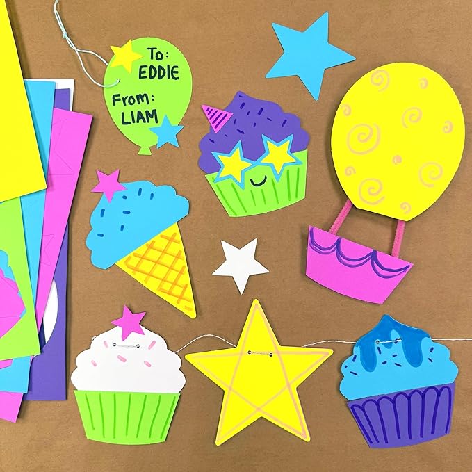 224 Pieces Birthday Party Cutouts in Happy Colors for Crafts and Decorations, Balloons, Cupcakes and Stars for Classroom Projects, Bulletin Boards, DIY Cards, Double Sided USA Made Cardstock