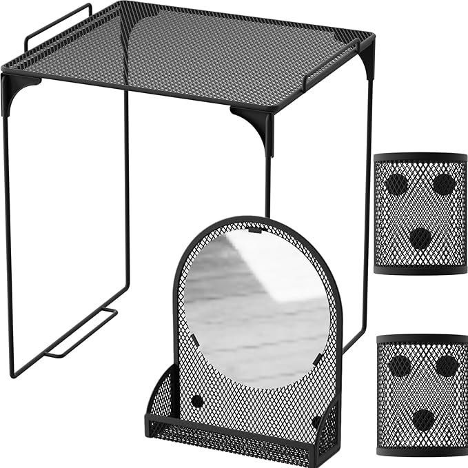 Svartur Locker Shelf with Magnetic Locker Mirror & 2 Magnetic Pencil Cups, Locker Organizer for Work, Mesh Metal Locker Accessories Kit for School Locker, Locker Decor Office Supplies, Black