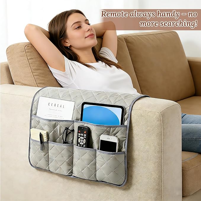 Sofa Armrest Organizer with 6 Pockets, Remote Control Holder for Recliner, Non-Slip Couch Chair Armrest Caddy Bedside Storage for Magazine Book TV Phone iPad Tablet, Grey