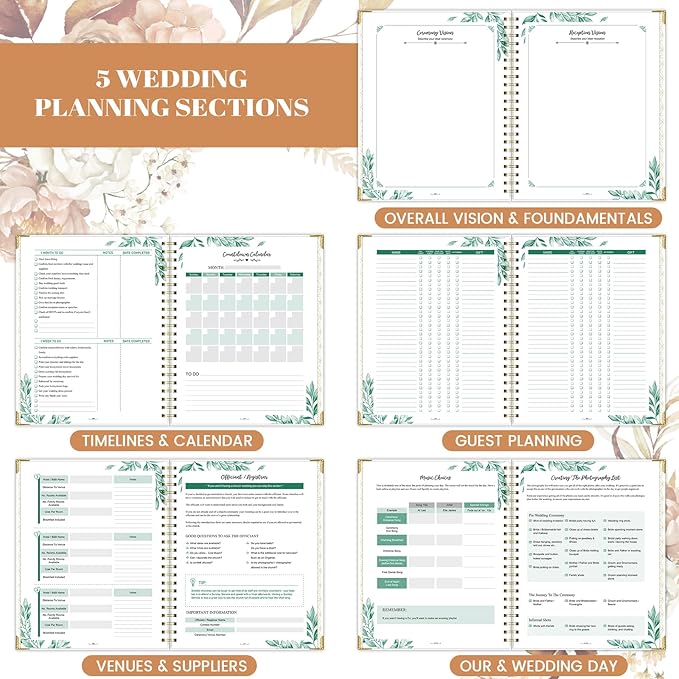 Wedding Planner Book and Organizer for the Bride - Planning With Tabbed Sections, 8.5" x 11", Hardcover, Metal Corner, 5 Inner Pockets, Sticker