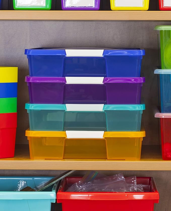 Storex Classroom Craft Project Box – Stacking Plastic Organizer Fits 12x12 Scrapbooking Paper, Red, 5-Pack (63204U05C)