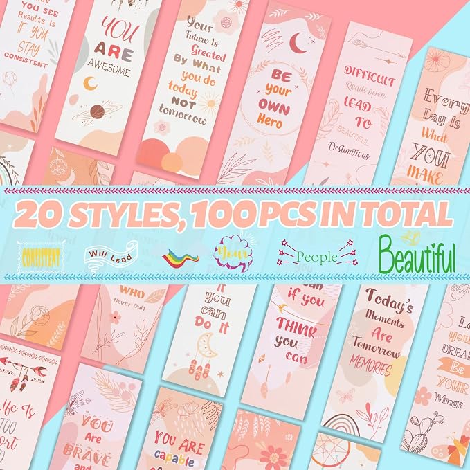 LiYiQ 100 Pcs Boho Motivational Encouraging Inspirational Bookmarks 7×2.5-inch Double-Sided Bookmark for Book Lovers Cute Bookmark for Reader Students School Supplies