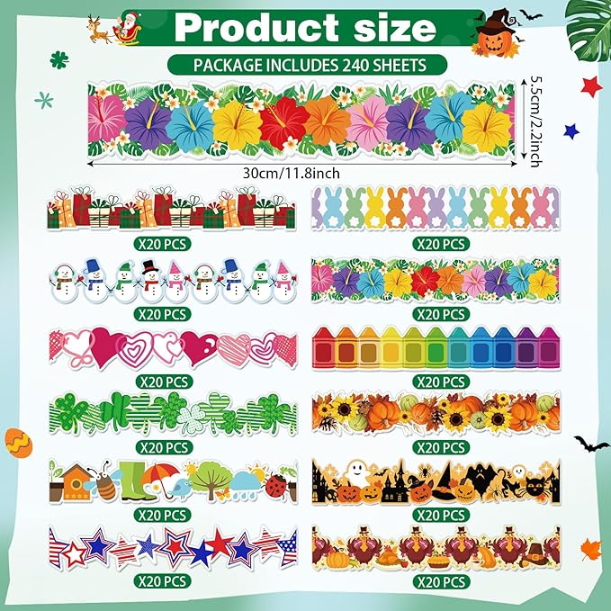Geyee 240 Pcs 236ft Holiday Bulletin Board Borders Colorful Seasonal Scalloped Border Trim Bulk Bulletin Decor for Classroom Back to School Decor (Seasonal)