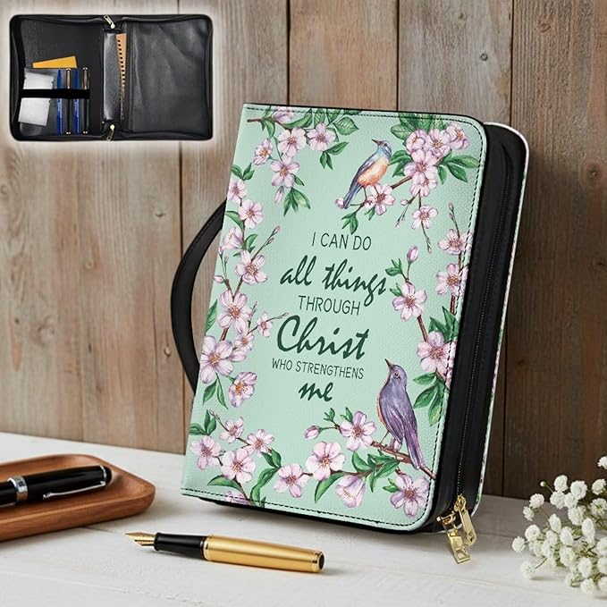 Christian Scriptures Psalms Birds and Flowers Leather Bible Cover with Handles,Green Large Bible Carrying Case for Women, Bible Tote Bag, Christian Gifts