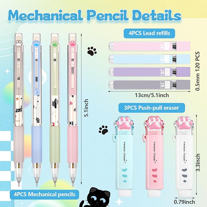 11 Pcs Black Cat Mechanical Pencil Set, 4 Mechanical Pencils 0.5mm, with 4 2B Lead Refills and 3/5 Erasers Christmas Stocking Stuffers for Women Cats Lovers Gifts (Cat)