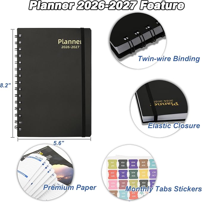 2026-2027 Weekly & Monthly Planner 5.6"x8.2", 18 Months Jul 2026–Dec 2027 Academic Agenda for School & Office, Waterproof PP Cover, Twin-Wire Binding, 100GSM Thick Paper, Black