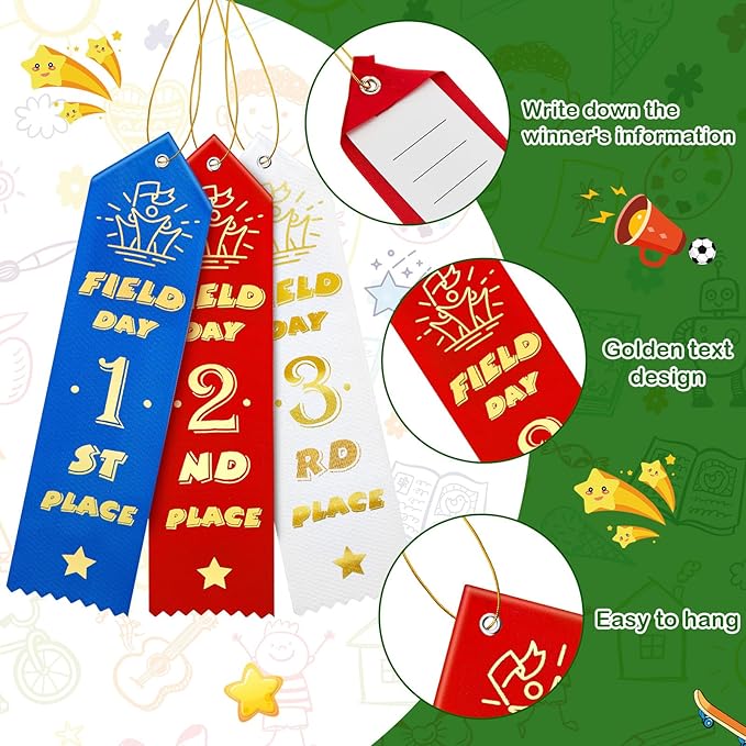 Graduation Season Award Ribbons Multicolor School Field Day Ribbons 1st 2nd 3rd Place with Event Card and Rope One Size Competition Ribbon for Kids Sports Event Contest Prize, 3 Color (45 Pcs)