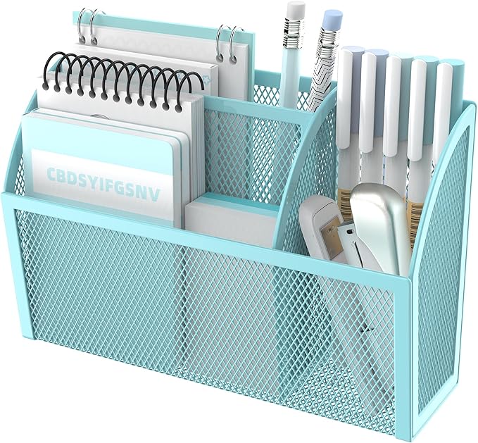 DALTACK Magnetic Pencil Holder - 3-Grid Mesh Shelf for Whiteboard, Refrigerator & Locker - Organizer for Home, School & Office, Blue