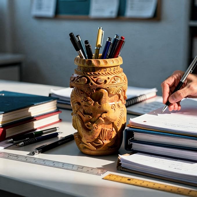 Craft Trade Hand Carved Wood Pen Holder for Desk Organizer for Home School Office Supplies Pencil Cup Pot Storage Box Suitable for Stationery - Camel