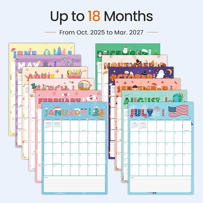 SUNEE Calendar 2026 18 Months Wall Calendar Oct. 2025 - Mar. 2027, 12"x17" Big Hanging Calendar 2026 with Note, Past Month and Next Month for Organizing & Planning, Cute