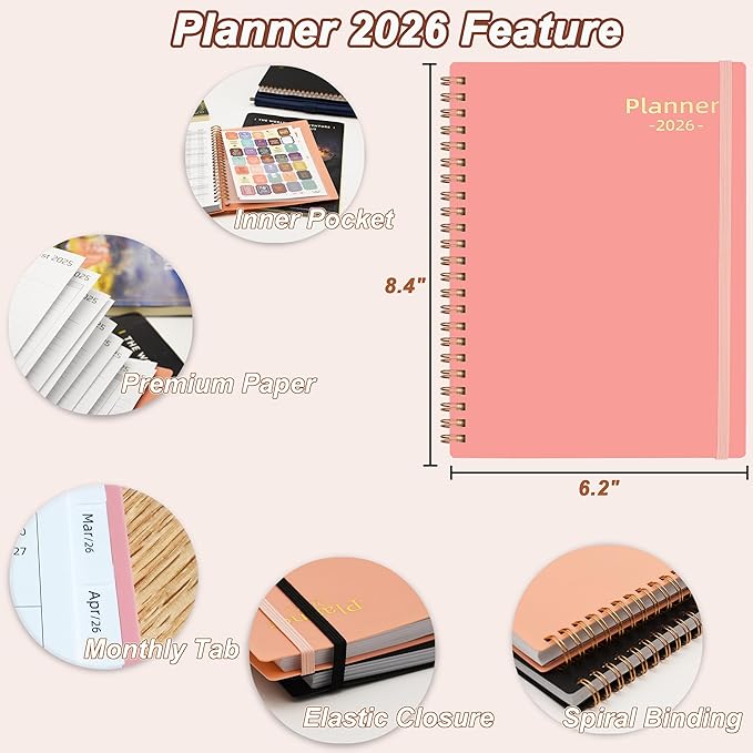 2026 Day Planner, Jan.2026-Dec.2026, 6.2" x 8.4", 2026 Planner Weekly and Monthly, 2026 Agenda Planner with Tabs & Pocket, 100GSM Thick Paper, Pink