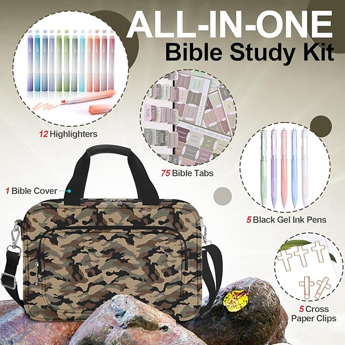 Camo Bible Case Covers for Boys, Large Bible Tote Bag for Men,Bible Carrier,Bible Holder Organizer with Shoulder Strap Zipper Pocket,Bible Study Supplies Kit With Highlighters,Tabs,Pens,Christian Gift