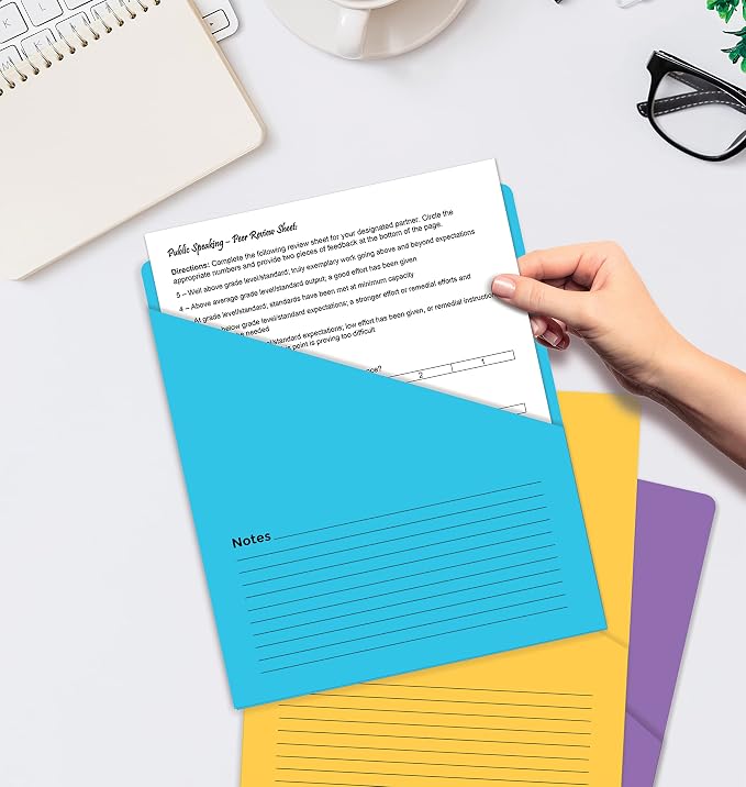 Better Office Products Lined Vertical Slash Pocket File Folders, 25 Pack, 5 Assorted Colors, Letter Size Slash File Jacket with Notes on Front & Back, Half Pocket File Folders