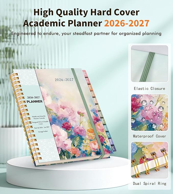 Academic Planner 2026-2027, Weekly and Monthly Calendar Planner from July 2026 - June 2027, 6.1" x 8.2" A5 Large Daily Agenda Book with Tabs, Flexible Cover, College School Organizer for Student Teacher,Watercolor Floral