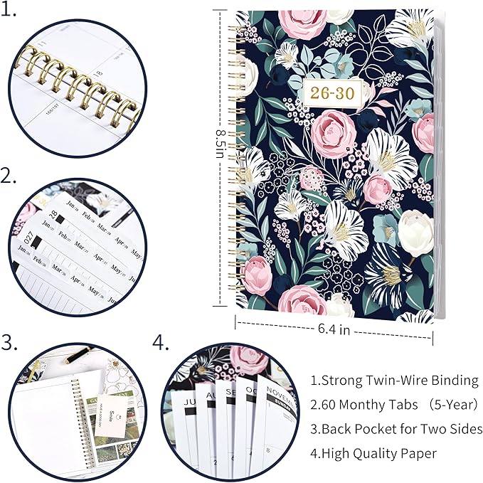2026-2030 Monthly Planner - 5 Year Planner 2026-2030, Jan.2026 - Dec.2030, 6.4" x 8.5", 60-Month Planners/Calednar with Double-Side Pocket + Durable Polypropylene Cover