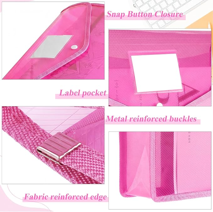 Epakh 10 Pieces Plastic File Folders Envelope Expanding File Wallet Organizer Documents Folder with Snap Closure and Pocket B4 Waterproof Transparent Pouch for School Office (Pink,Horizontal)
