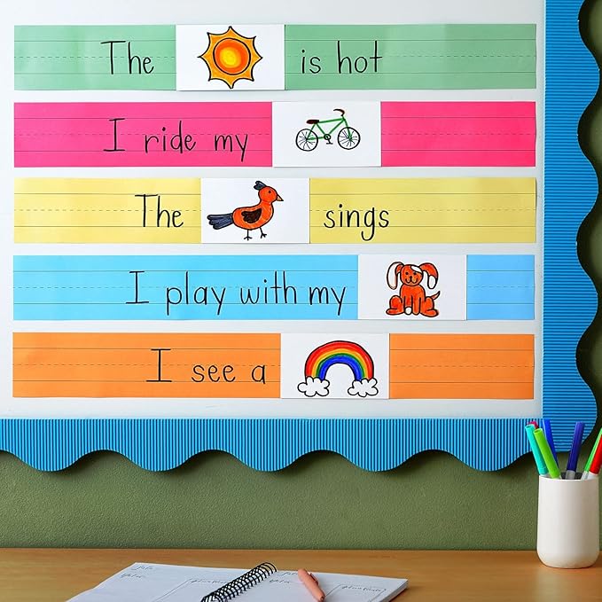 Juvale Colored Sentence Strips - 100 Count, 3 x 24 in, 5 Pastel Colors - Lined Paper Strips for Teacher Supplies & Classroom Organization
