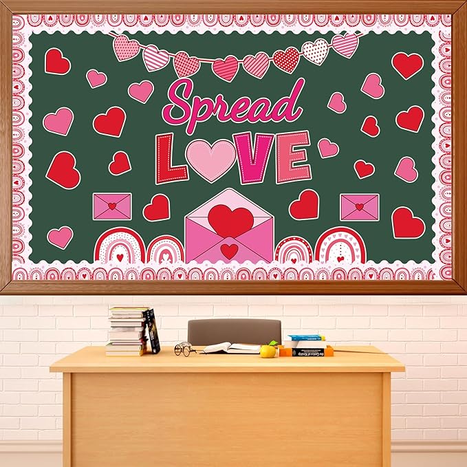 Spread Love Valentine's Day Bulletin Board Decorations Valentines Day Classroom Bulletin Board Border Rainbow Envelopes Red Pink Paper Heart Cutouts Valentines Party Supplies School Office Wall Decor