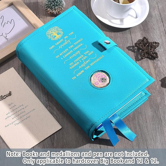 LParkin AA Big Book Cover for Big Book (Hardcover) & 12&12 - Durable PU Leather with Serenity Prayer Design, AA Book Cover with Coin Holder & Sobriety Bookmarks (Green God Grant Me)