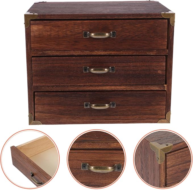 Alipis Wooden Desk Organizer, Wood Desktop Storage Cabinet Desk Drawer Organizer Vintage Treasure Box with Metal Handle for Home Office Counter Decor B