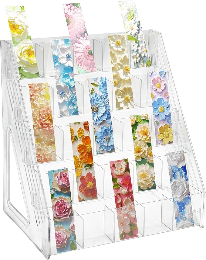 5 Tier Acrylic Bookmark Display Stand for Vendors, 25 Pockets Portable Sticker Holder Greeting Card Display for Business Vendor, Retail Store Shop