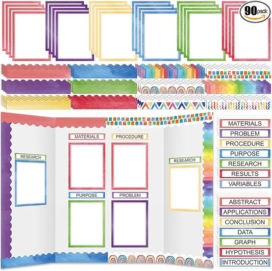 Fuyoooo 90 Pcs Science Fair Board Supplies 60 Trim Scalloped Bulletin Board Borders 24 Presentation Board Subtitles 6 Science Fair Titles for Classroom Display Boards (Watercolor)