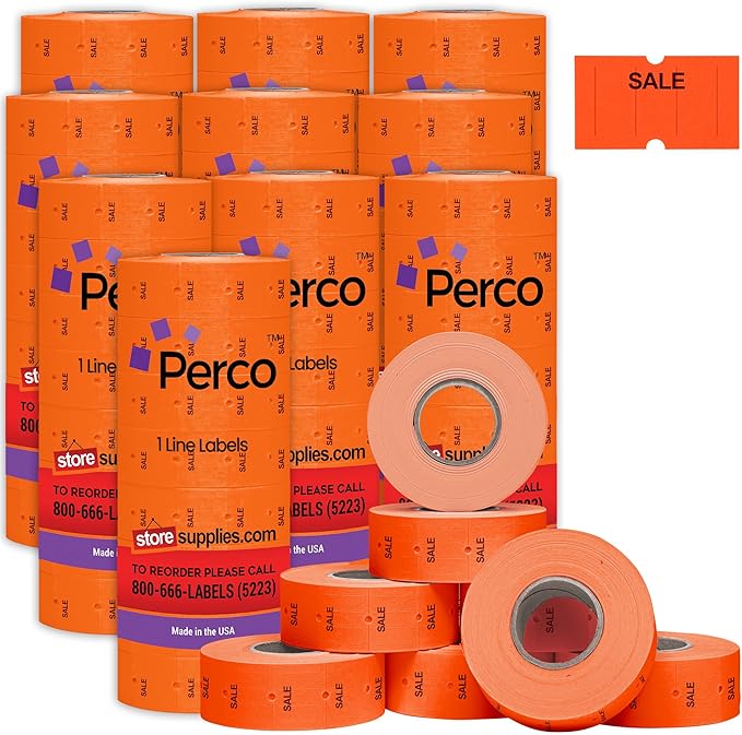 Perco 1 Line Fluorescent Red Sale Labels - 80 Rolls, 10 Sleeves, 80,000 Blank Price and Date Gun Labels for Perco Lite, X, Plus and Pro 1 Line Price and Date Guns - Made in USA