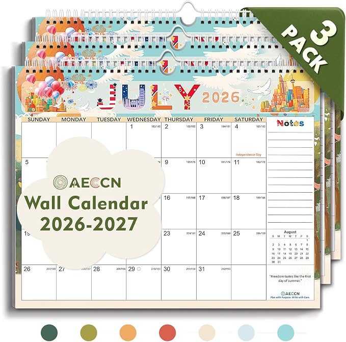 AECCN Calendar 2026-2027 3 Pack, 18 Months Calendars, 14.4" x 11.4" Durable Thick Paper, Anti Ink Bleed, Wall Calendar 2026-2027 with Stickers for Home, school, Office Planning-Colorful