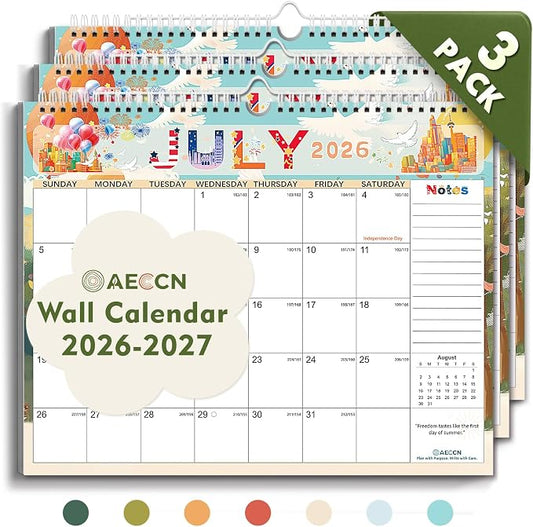 AECCN Calendar 2026-2027 3 Pack, 18 Months Calendars, 14.4" x 11.4" Durable Thick Paper, Anti Ink Bleed, Wall Calendar 2026-2027 with Stickers for Home, school, Office Planning-Colorful