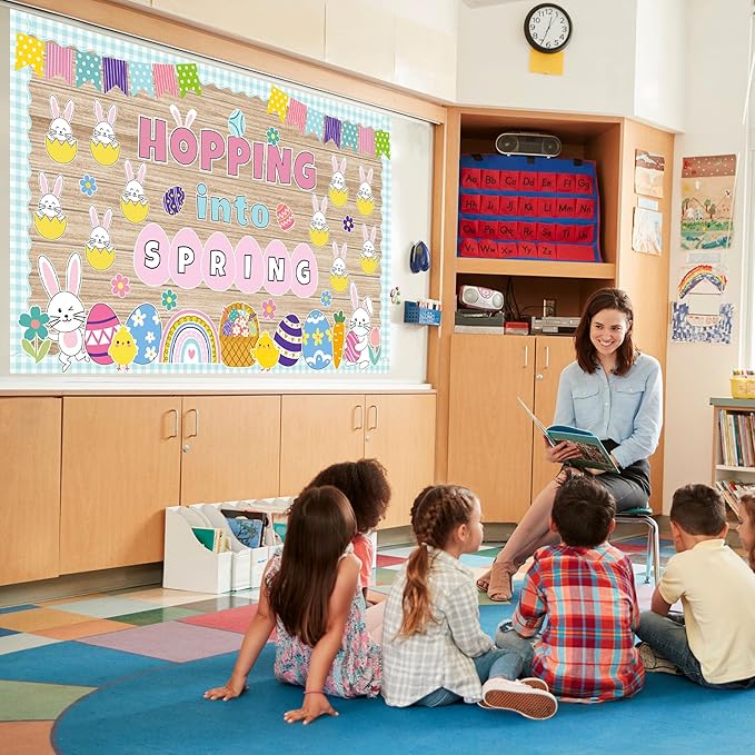 Easter Bulletin Board Set Spring Easter Bunny Eggs Bulletin Board Classroom Decorations Hopping into Spring Cutouts for Teacher Classroom School Office Chalkboard Wall Home Decor