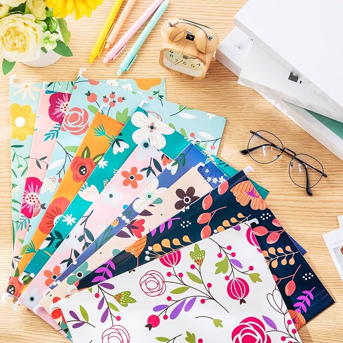 30 Pcs Decorative File Folders Floral Folders, 10 Colored Designs Cute Hanging File Folder Including Adjustable Tabs and Inserts, Letter Size Colored File Folders for Office