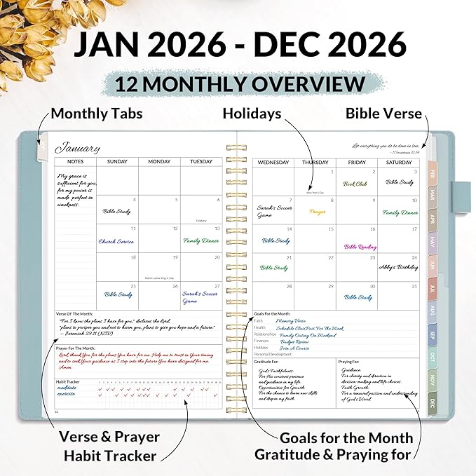 2026 Christian Planner - 12 Month Bible Journal and Prayer Planner A5 Spiral Bound, Monthly & Weekly Christian Organizer Gifts for Women Men (Grey Blue)