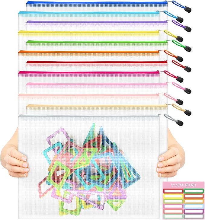12pcs Mesh Zipper Pouch Bags, A3 12x17 Inches, 12 Colors Zipper Pouches for Organizing, Board Game Storage, Travel, School Office