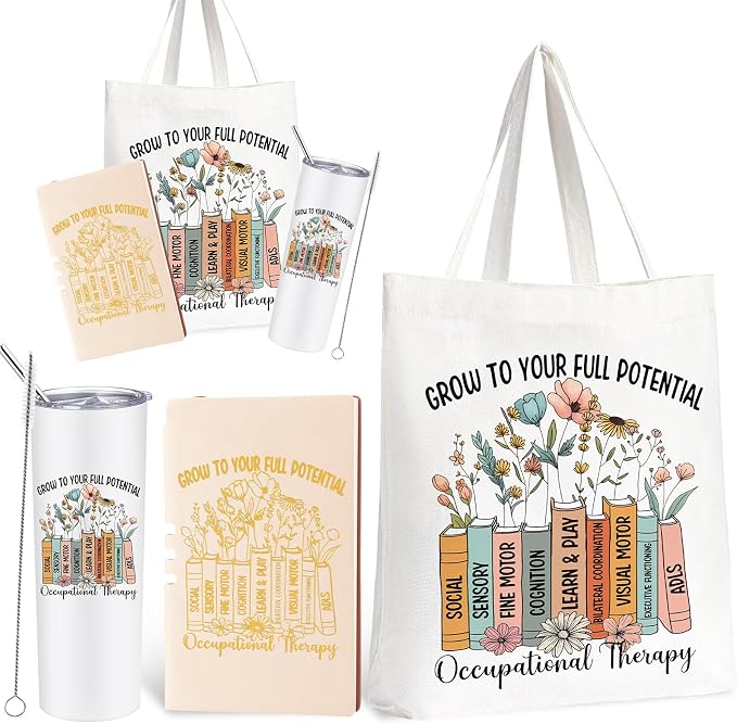 Fuutreo 3 Pcs Occupational Therapist Appreciation Gifts for Women, 20 oz Stainless Steel Tumbler Cup with Lid Canvas Tote Bag Leather Journal Thank You Gifts for OT Occupational Therapist Week