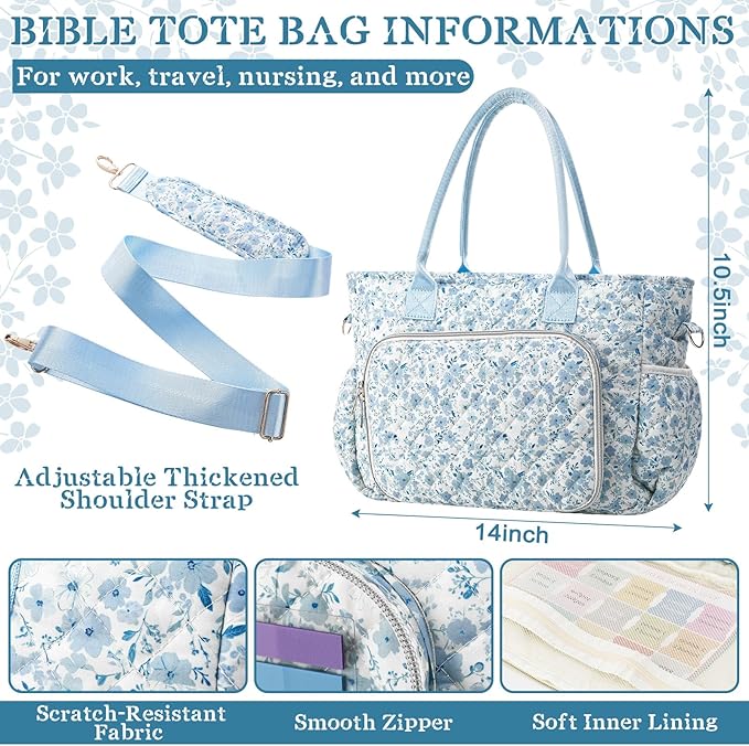 Large Bible Bag Quilted Bible Cover Case Kit for Women Church Bag with Shoulder Strap Study Supplies Christian Gifts(Blue Flower)