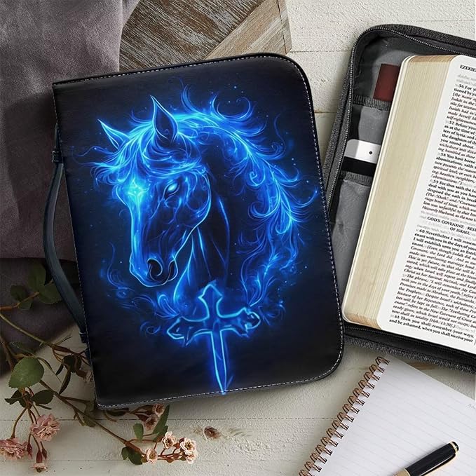 Bible Covers for Women with Handle Blue Horse Cross Lightweight Large Bible Tote Bag for Man Waterproof Multi-Functional Man Bible Carrying Case