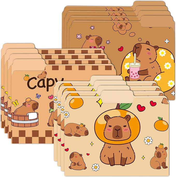 Xqumoi 12Pcs CAPY File Folders - Letter Size Cute Animal Decorative File Pockets with 1/3 Cut Tab Pretty Colored Folders for Office Home Classroom Supplies Documents Paper, 8.9 x 11.6 Inch