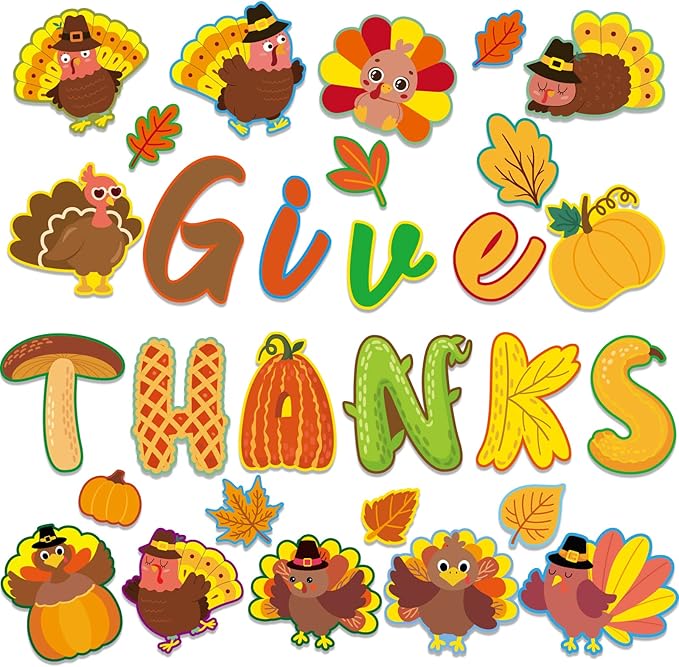 Thanksgiving Cutouts Fall Turkey Maple Leaves Pumpkin Classroom Bulletin Board Decorations Give Thanks Theme Party Supplies for Autumn Theme Party Toddler Kids Students Classroom Decors