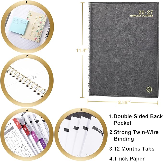 Monthly Planner 2026-2027 - 18-Monthly Planner 2026-2027 with Leather Soft Cover, July 2026 - December 2027, 9'' x 11'' with Coated Tabs