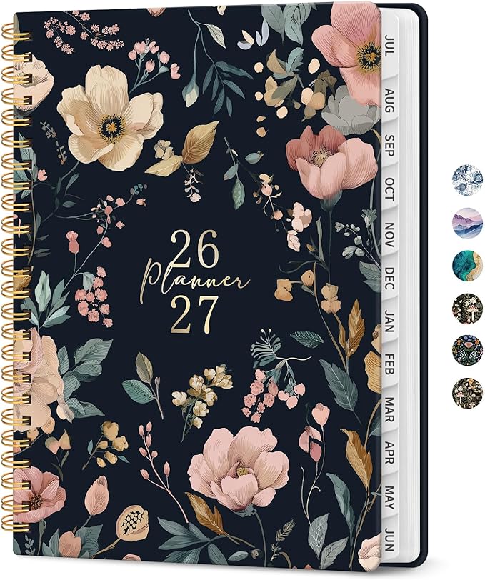 Planner 2026-2027, Academic Monthly and Weekly Calendar Planner for Women, July 2026 - June 2027, Hardcover Pretty Agenda Planner Book with Tabs, Spiral Daily Organizer for School Office Home Supplies, 8.5" x 11" - Evening Petals