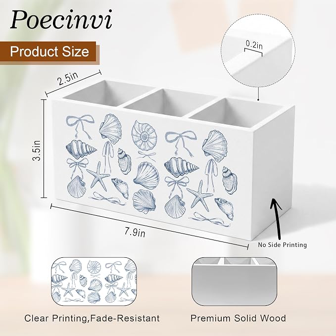 Coquette Bow Blue Coastal Seashell Pen Holder for Home Office Desk, Coastal Granddaughter Room Decor, Blue Preppy Girly Beach Wooden Box Sign Pencil Holder for Desk Shelf Organizer