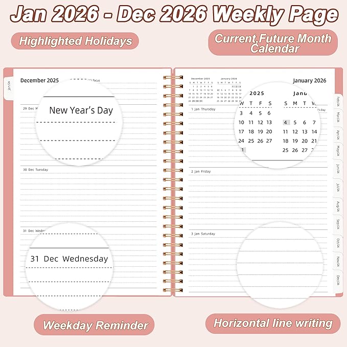 2026 Day Planner, Jan.2026-Dec.2026, 6.2" x 8.4", 2026 Planner Weekly and Monthly, 2026 Agenda Planner with Tabs & Pocket, 100GSM Thick Paper, Pink