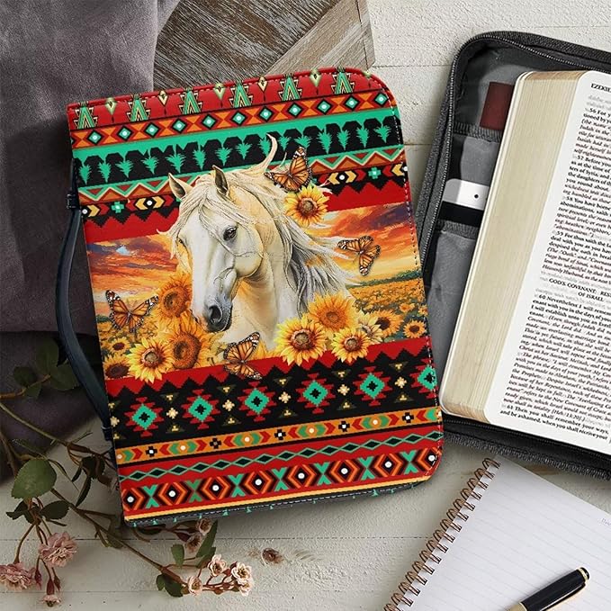 Leather Bible Covers for Women Bible Case Bible Bag Tote with Leather Bookmark,Aztec Boho Horse,Medium