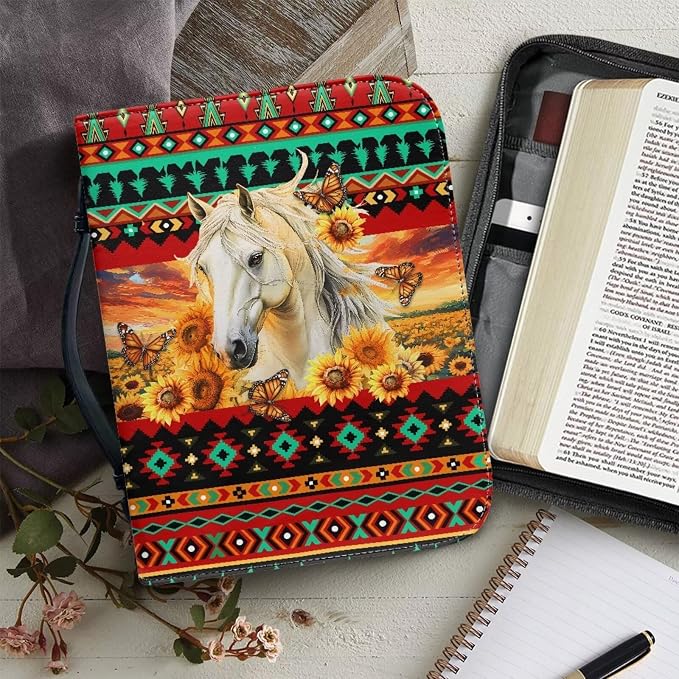 Leather Bible Covers for Women Bible Case Bible Bag Tote with Leather Bookmark,Aztec Boho Horse,Large