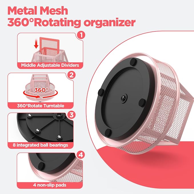 Docnest 360° Rotating Pen Holder,Heavy-Duty Metal Mesh Desk Organizer with 6 Compartments for Pencils,Scissors & Markers –Space Saving Office Supply for Teachers, Students & Home Desk-Pink