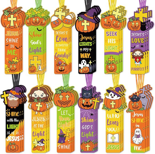 120 Pcs Religious Halloween Pumpkin Bookmarks Halloween & Thanksgiving Gift Flliers Christian Religious Pumpkin Bookmark Giveaways for Sunday School Halloween Party Favors for Classmates
