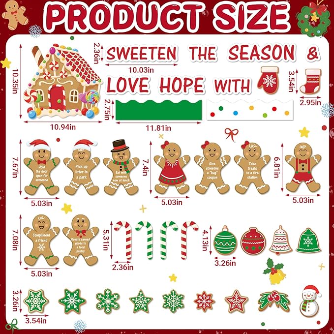 Christmas Gingerbread Bulletin Board Set Holiday Inspirational Classroom Decorations Sweet Gingerbread House Candy Cane Cutouts for Office Home Wall Door Xmas Display